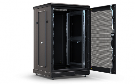 Шкаф напольный 19",18U(600x600), ШТ-НП-18U-600-600-П-Ч, передняя дверь перфорация, черный