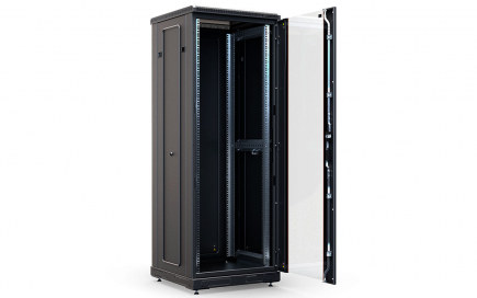 Шкаф напольный 19", 27U(600x1000), ШТ-НП-М-27U-600-1000-С-Ч, передняя дверь стекло, черный